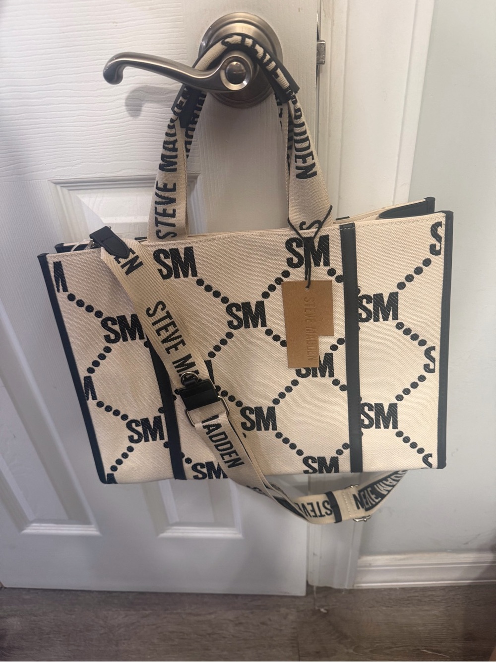 Steve Madden Cream and Black Logo Canvas Tote